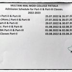 Admission Schedule for Part-II and Part-III Classes (2022-23)